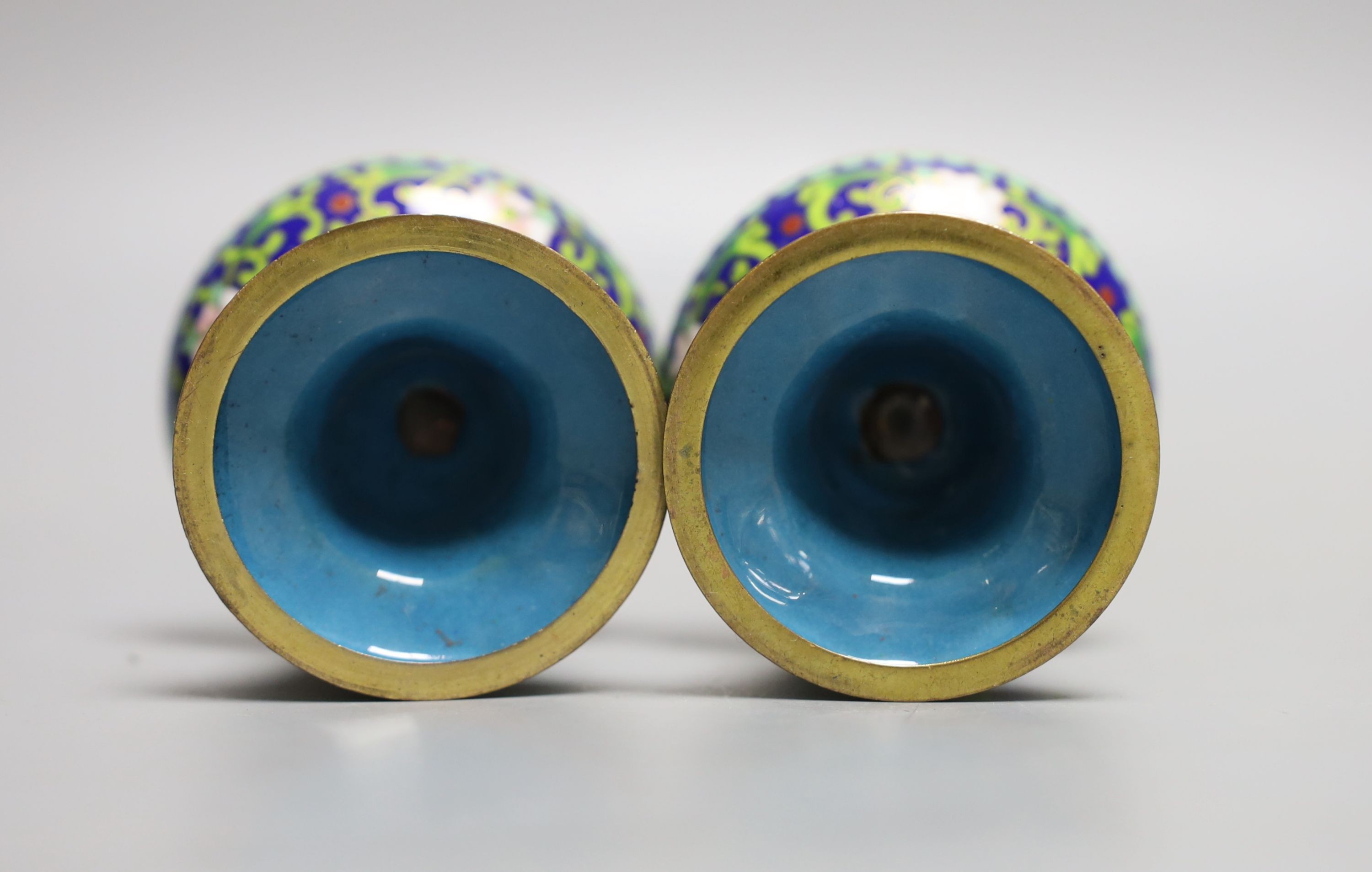 A pair of blue cloisonne pricket candlesticks - 12cm tall